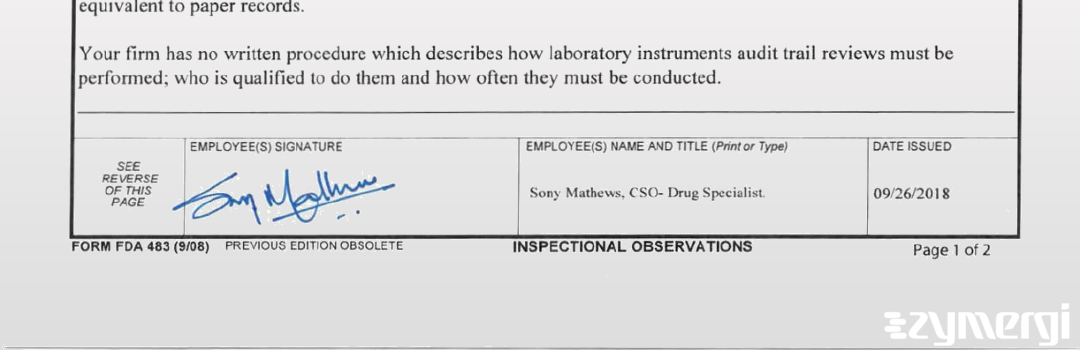 Sony Mathews FDA Investigator 