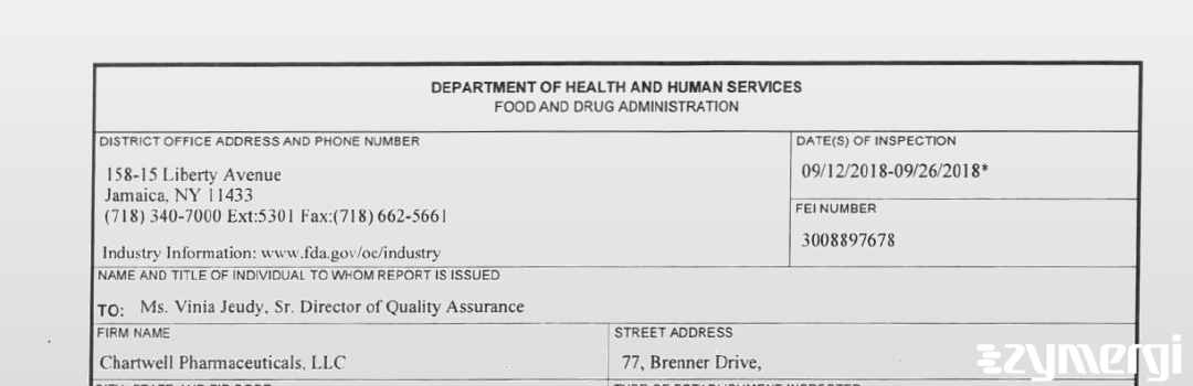 FDANews 483 Chartwell Pharmaceuticals LLC Sep 26 2018 top