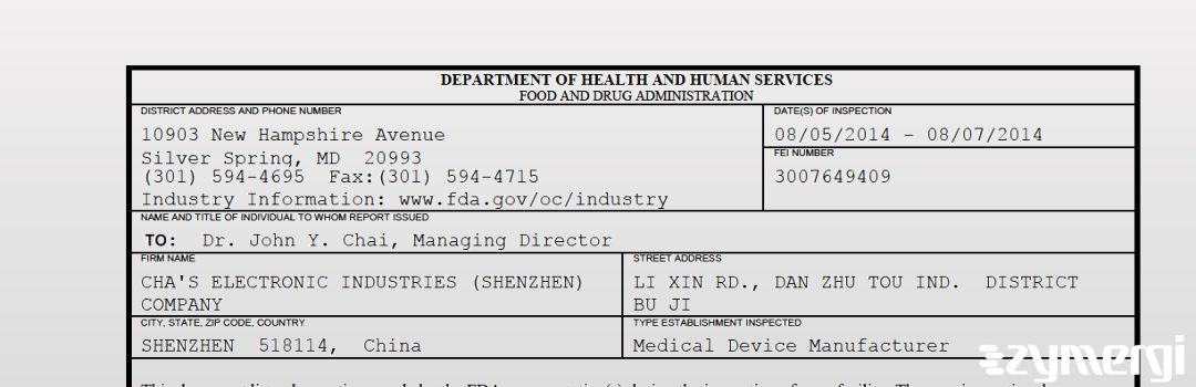 FDAzilla 483 CHA'S ELECTRONIC INDUSTRIES (SHENZHEN) COMPANY Aug 7 2014 top