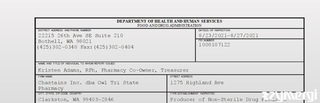 FDANews 483 Chastains Inc. dba Owl Tri State Pharmacy Aug 27 2021 top