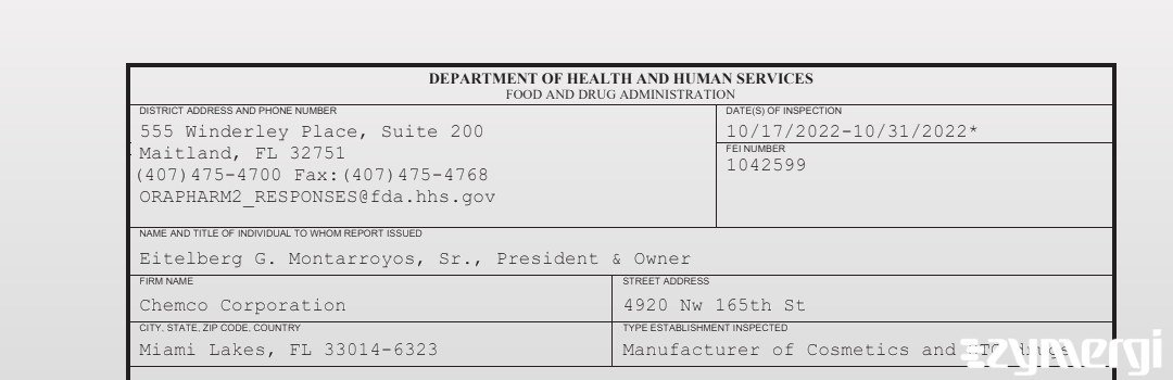 FDANews 483 Chemco Corporation Oct 31 2022 top