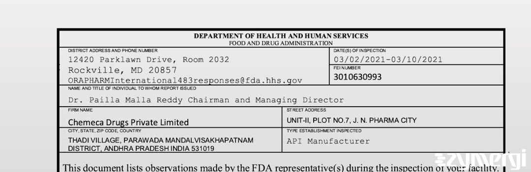 FDANews 483 Chemeca Drugs Private Limited Mar 10 2021 top