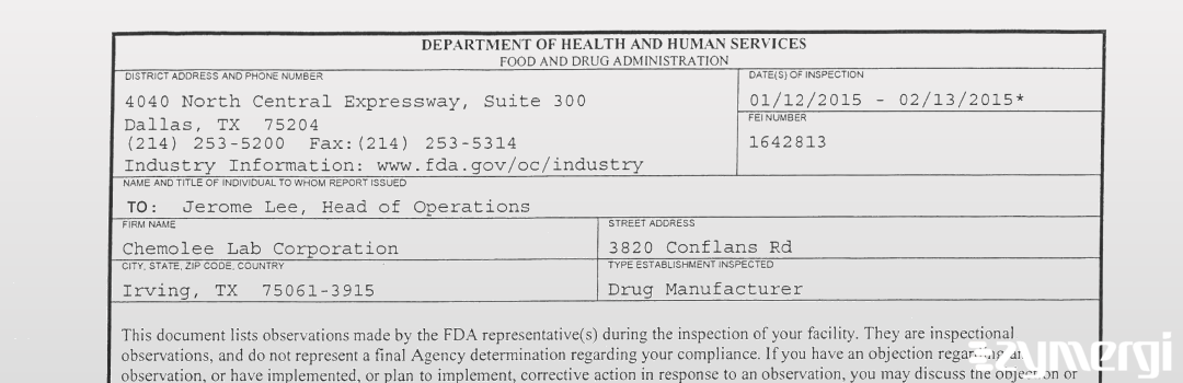 FDANews 483 Chemolee Lab Corporation Feb 13 2015 top