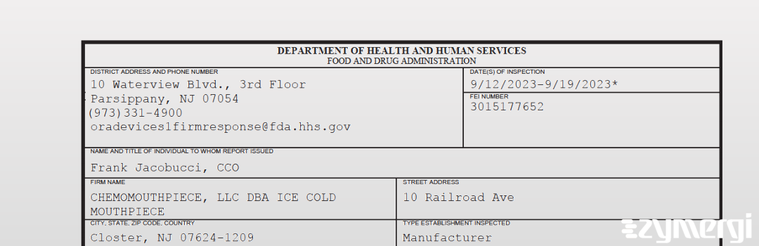 FDANews 483 CHEMOMOUTHPIECE, LLC DBA ICE COLD MOUTHPIECE Sep 19 2023 top