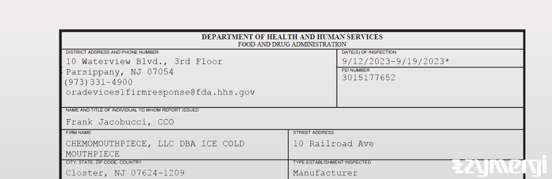 FDANews 483 CHEMOMOUTHPIECE, LLC DBA ICE COLD MOUTHPIECE Sep 19 2023 top