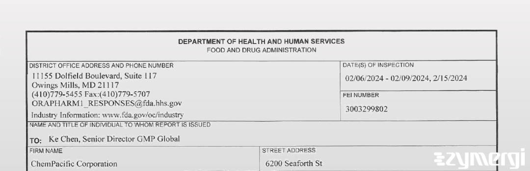 FDANews 483 ChemPacific Corporation Feb 15 2024 top