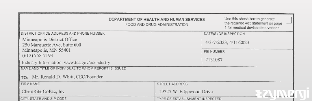 FDANews 483 ChemRite CoPac, Inc. Apr 11 2023 top