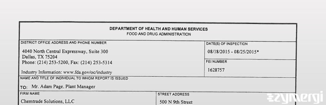 FDANews 483 Chemtrade Solutions, LLC Aug 25 2015 top