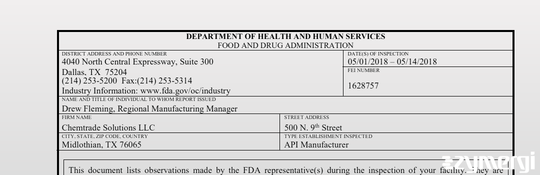 FDANews 483 Chemtrade Solutions, LLC May 14 2018 top