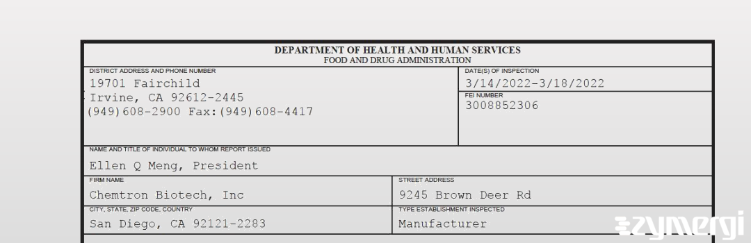 FDANews 483 Chemtron Biotech, Inc Mar 18 2022 top