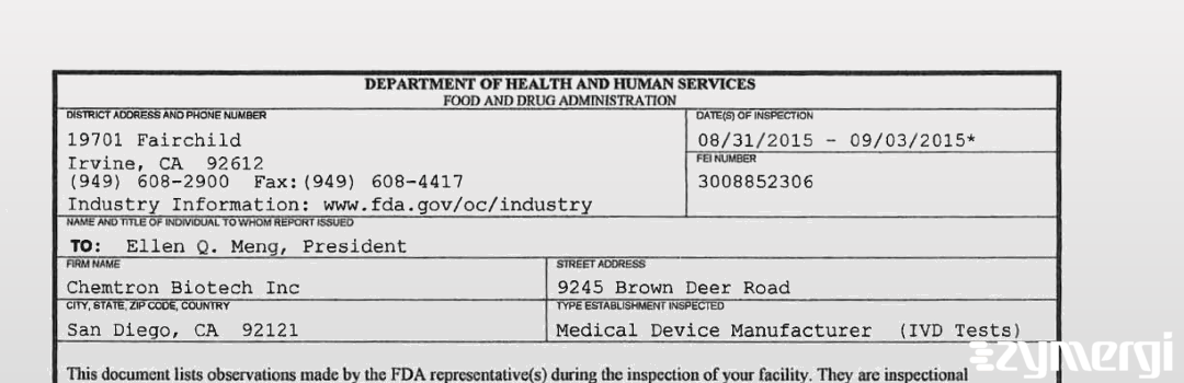 FDANews 483 Chemtron Biotech, Inc Sep 3 2015 top