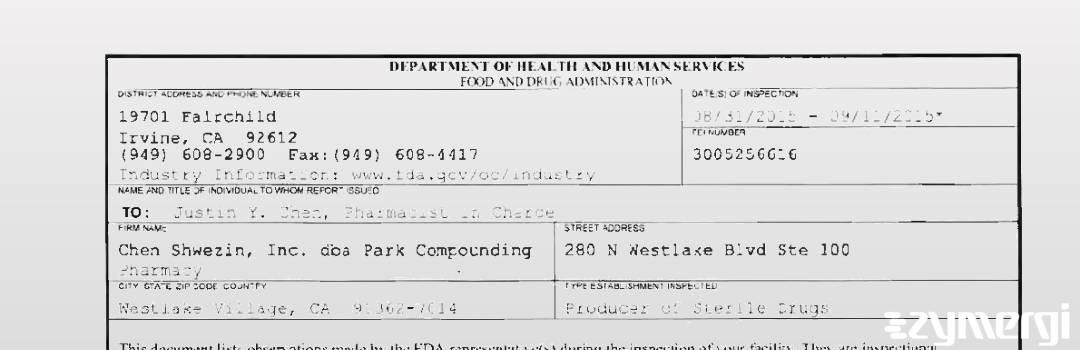 FDANews 483 Chen Shwezin, Inc. dba Park Compounding Pharmacy Sep 11 2015 top