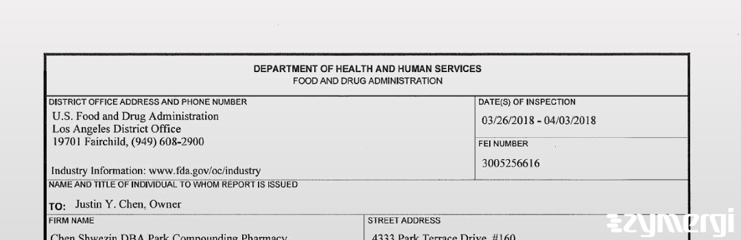 FDANews 483 Chen Shwezin, Inc. dba Park Compounding Pharmacy Apr 3 2018 top