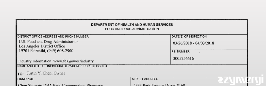 FDANews 483 Chen Shwezin, Inc. dba Park Compounding Pharmacy Apr 3 2018 top