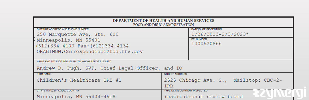 FDANews 483 Children's Healthcare IRB #1 Feb 3 2023 top