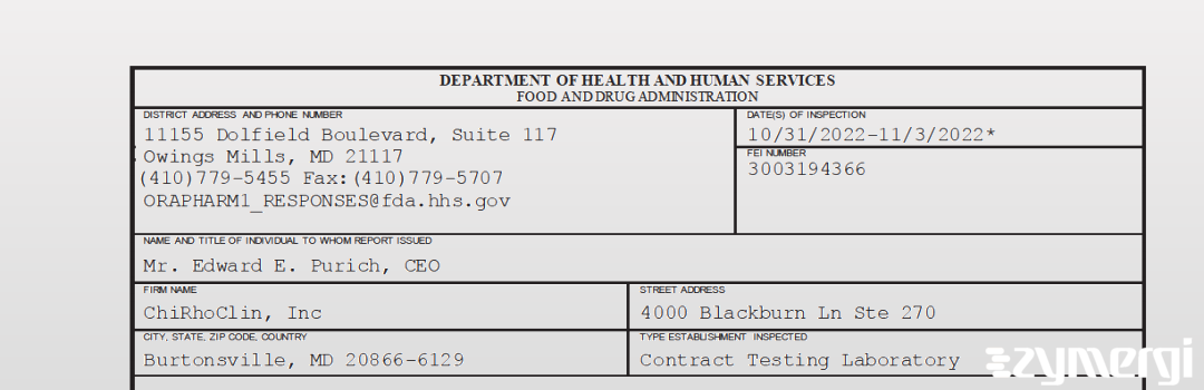 FDANews 483 ChiRhoClin, Inc Nov 3 2022 top