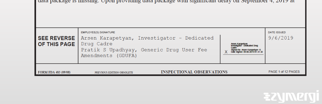 Arsen Karapetyan FDA Investigator Pratik S. Upadhyay FDA Investigator