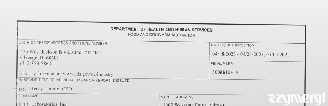 FDANews 483 CHRI Laboratories, Inc. May 3 2023 top