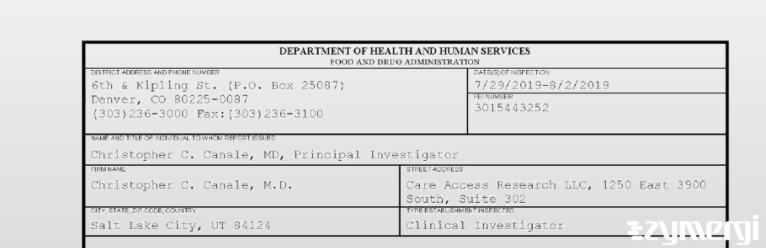 FDANews 483 Christopher C. Canale, M.D. Aug 2 2019 top