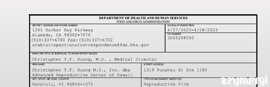 FDANews 483 Christopher T.F. Huang M.D., Inc. dba Advanced Reproductive Center of Hawaii Apr 28 2023 top