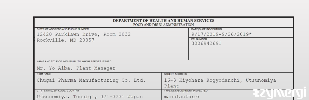 FDANews 483 Chugai Pharma Manufacturing Co. Ltd. Sep 26 2019 top