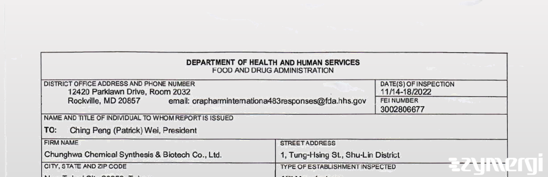 FDANews 483 Chunghwa Chemical Synthesis & Biotech Co., Ltd Nov 18 2022 top