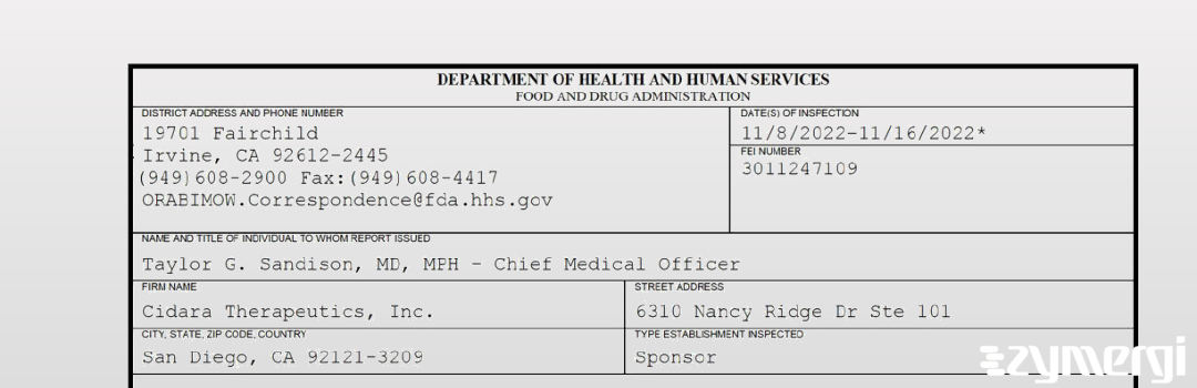 FDANews 483 Cidara Therapeutics, Inc. Nov 16 2022 top