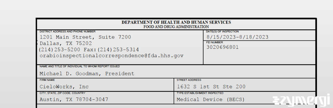 FDANews 483 CieloWorks, Inc Aug 18 2023 top
