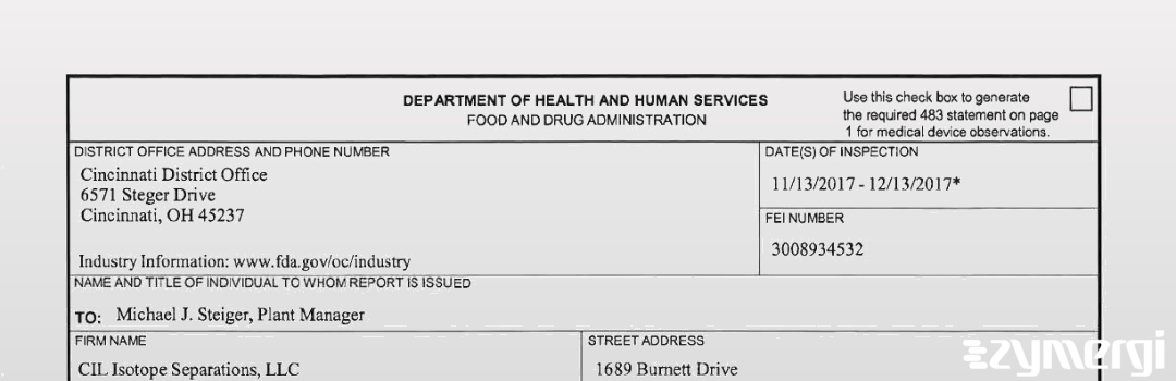 FDANews 483 CIL Isotope Separations, LLC Dec 13 2017 top