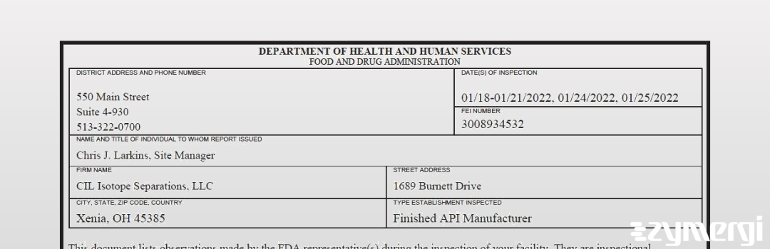 FDANews 483 CIL Isotope Separations, LLC Jan 25 2022 top