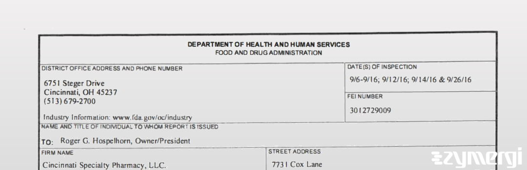 FDANews 483 Cincinnati Specialty Pharmacy, LLC Sep 26 2016 top