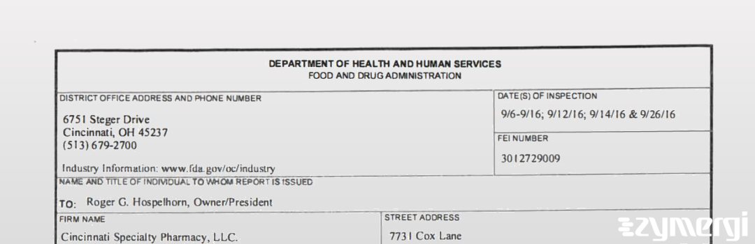 FDANews 483 Cincinnati Specialty Pharmacy, LLC Sep 26 2016 top