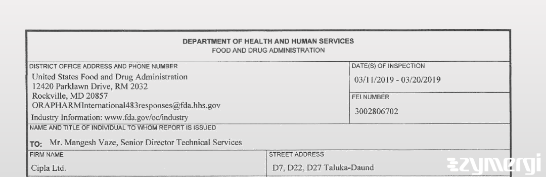 FDANews 483 Cipla Ltd. Mar 20 2019 top