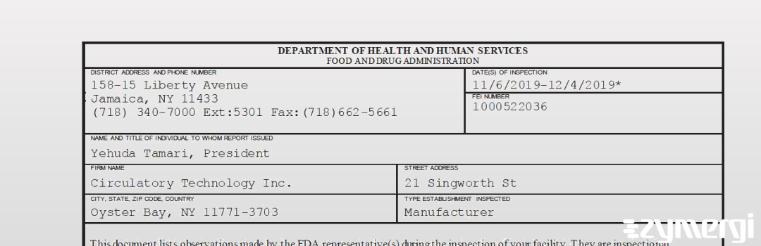 FDANews 483 Circulatory Technology Inc. Dec 4 2019 top