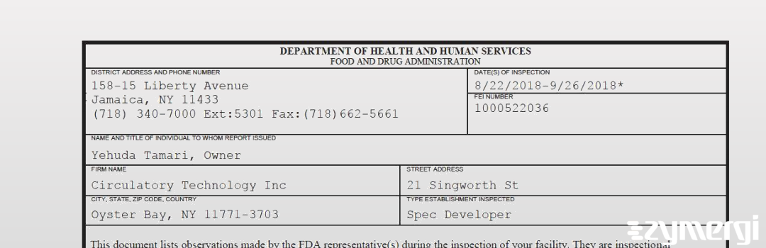 FDANews 483 Circulatory Technology Inc. Sep 26 2018 top