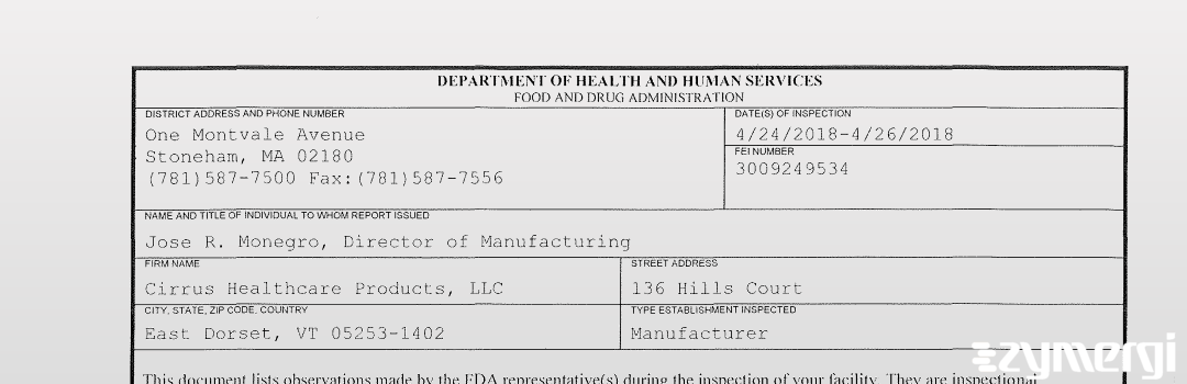 FDANews 483 Cirrus Healthcare Products, LLC Apr 26 2018 top