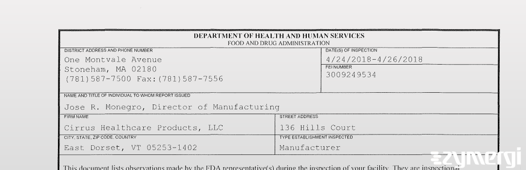 FDANews 483 Cirrus Healthcare Products, LLC Apr 26 2018 top