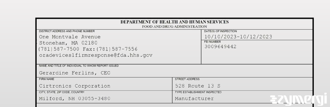 FDANews 483 Cirtronics Corporation Oct 12 2023 top