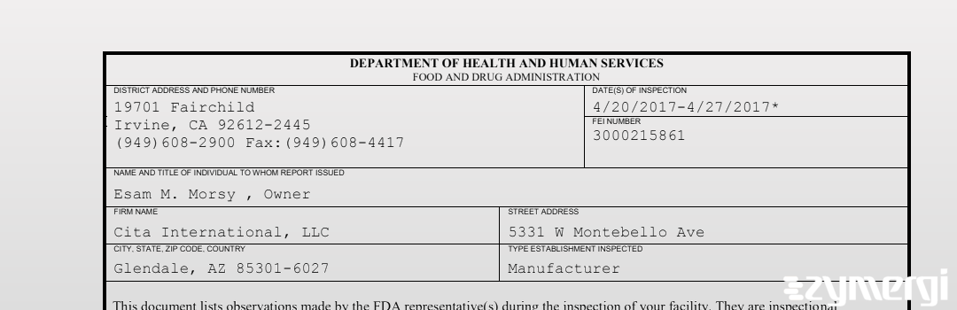 FDANews 483 Cita International, LLC Apr 27 2017 top