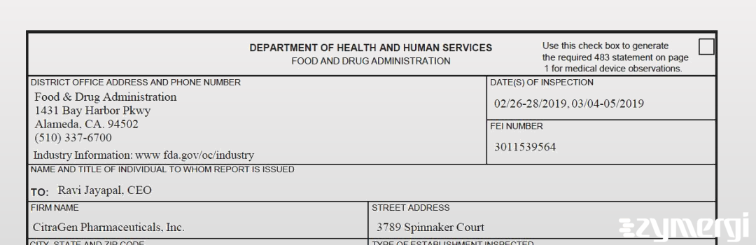 FDANews 483 Citragen Pharmaceuticals Inc Mar 5 2019 top