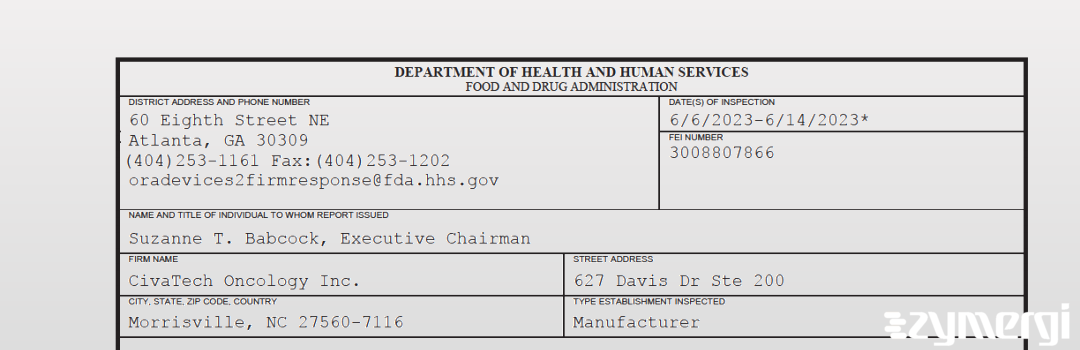 FDANews 483 CivaTech Oncology Inc. Jun 14 2023 top