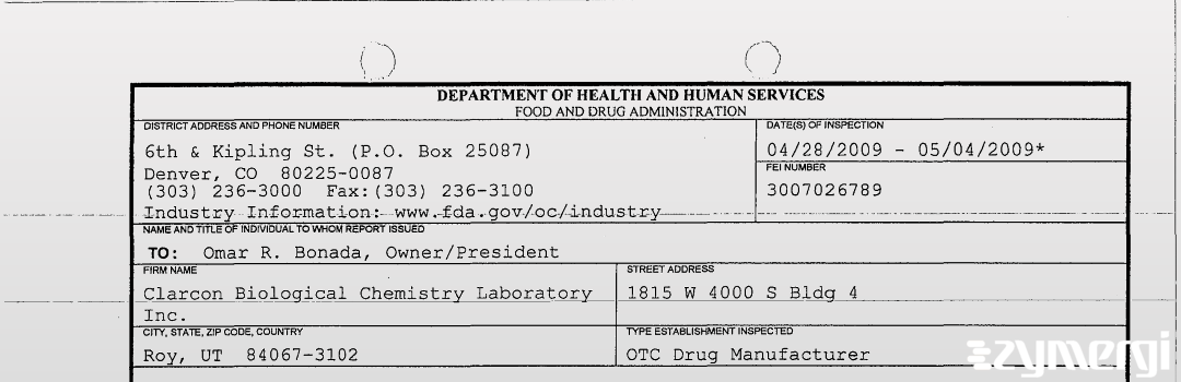 FDANews 483 Clarcon Biological Chemistry Laboratory Inc. May 4 2009 top