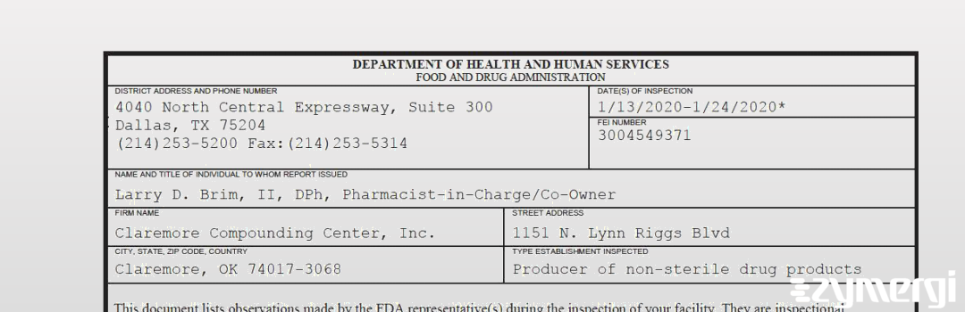 FDANews 483 Claremore Compounding Center, Inc. Jan 24 2020 top