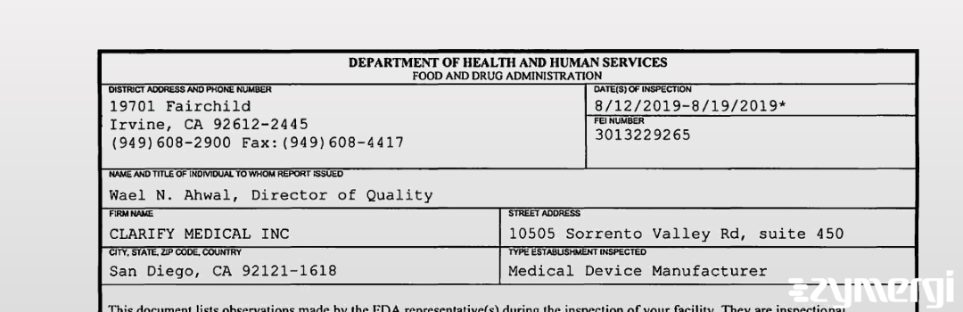 FDANews 483 CLARIFY MEDICAL INC Aug 19 2019 top