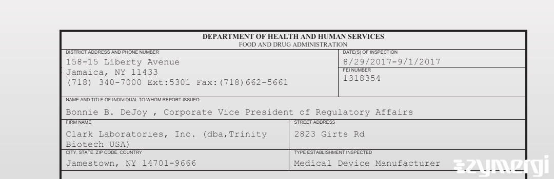 FDANews 483 Clark Laboratories, Inc. (dba,Trinity Biotech USA) Sep 1 2017 top