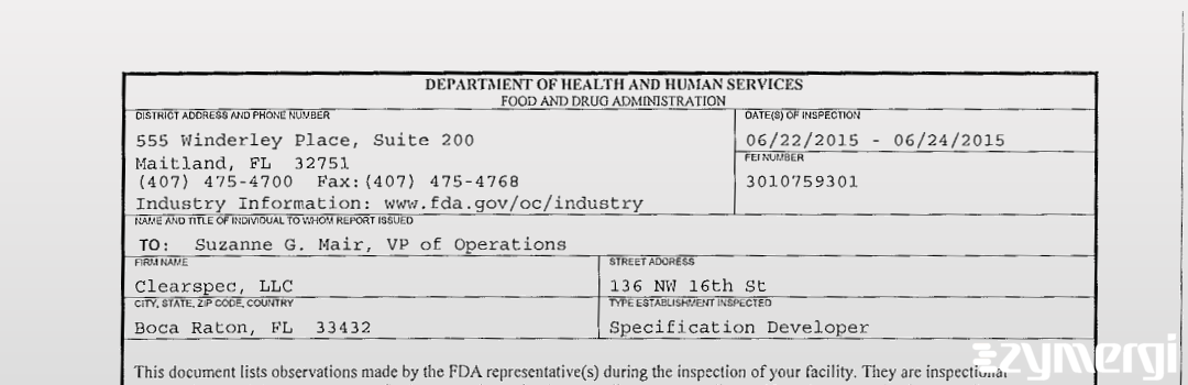 FDANews 483 Clearspec LLC Jun 24 2015 top