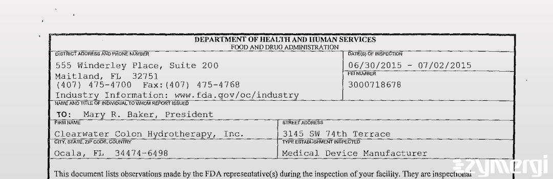 FDANews 483 Clearwater Colon Hydrotherapy, Inc. Jul 2 2015 top