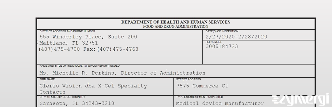FDANews 483 Clerio Vision dba X-Cel Specialty Contacts Feb 28 2020 top