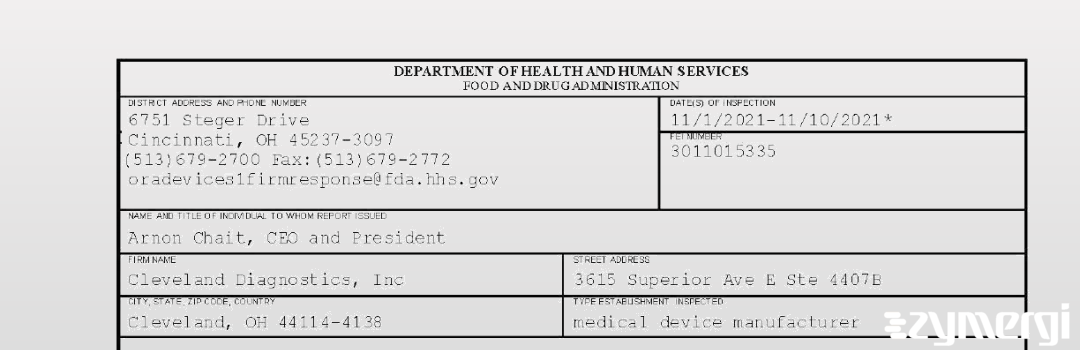 FDANews 483 Cleveland Diagnostics, Inc Nov 10 2021 top