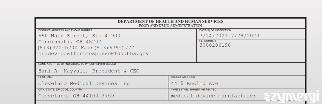 FDANews 483 Cleveland Medical Devices Inc Jul 28 2023 top